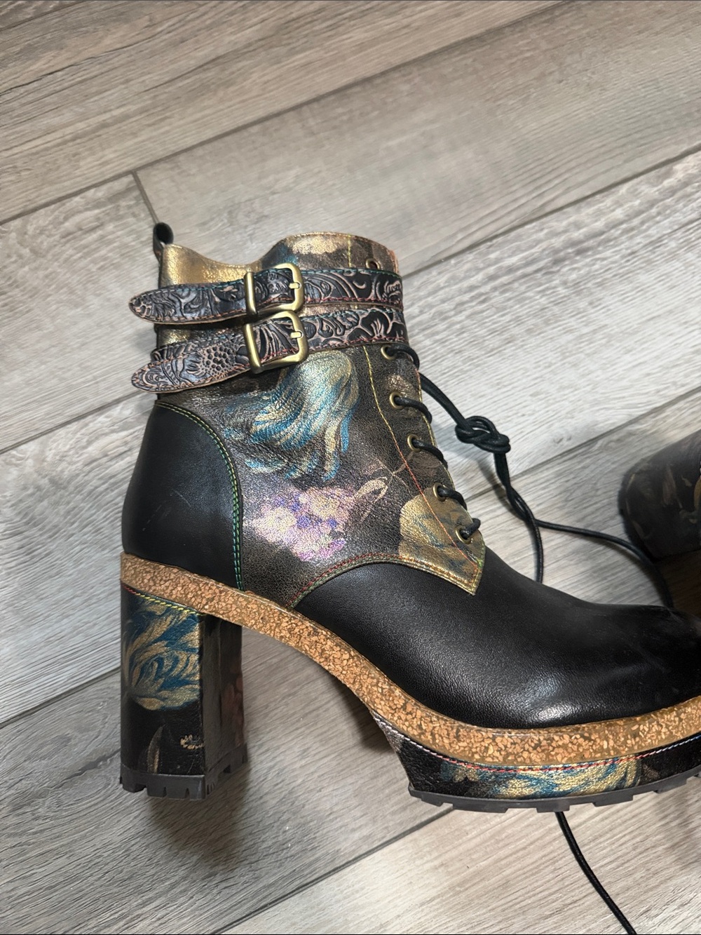 L'ATISTE Black Floral Metallic Accent Lace-Up Ankle Boots